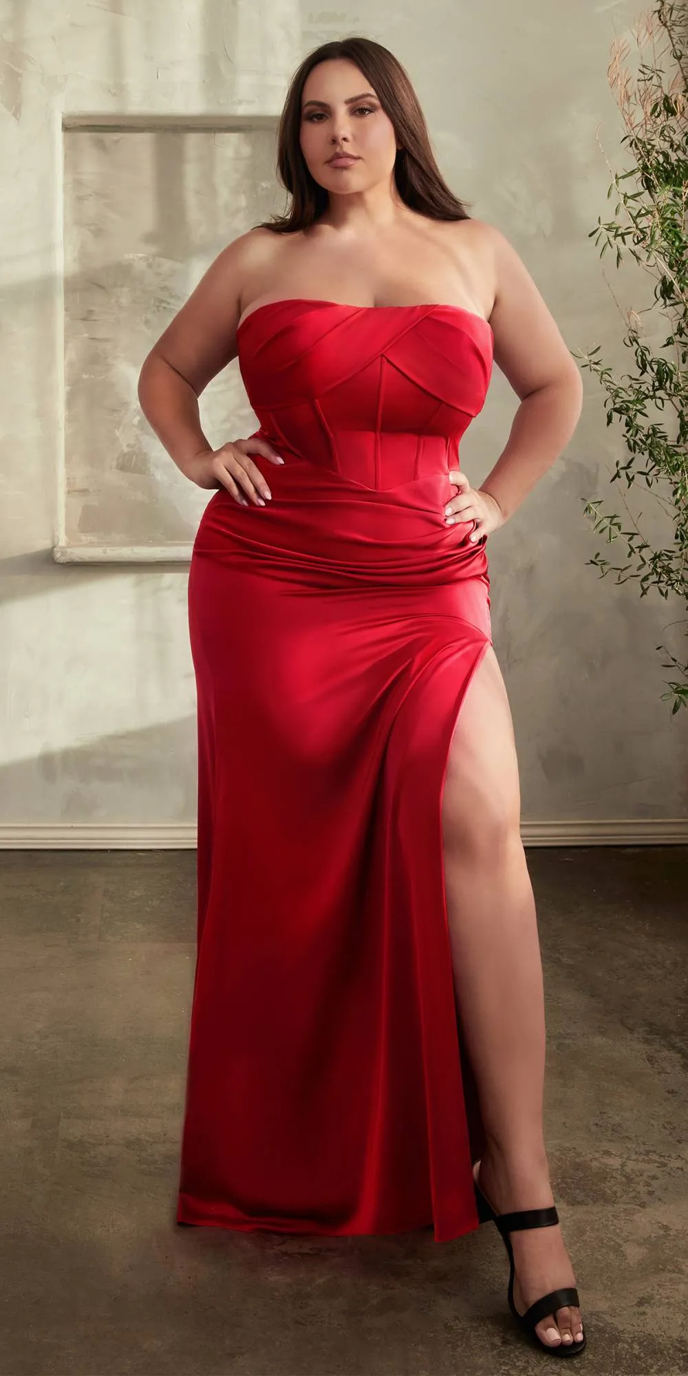 Ladivine CD326 Long Strapless Soft Satin Dress Boned Bodice