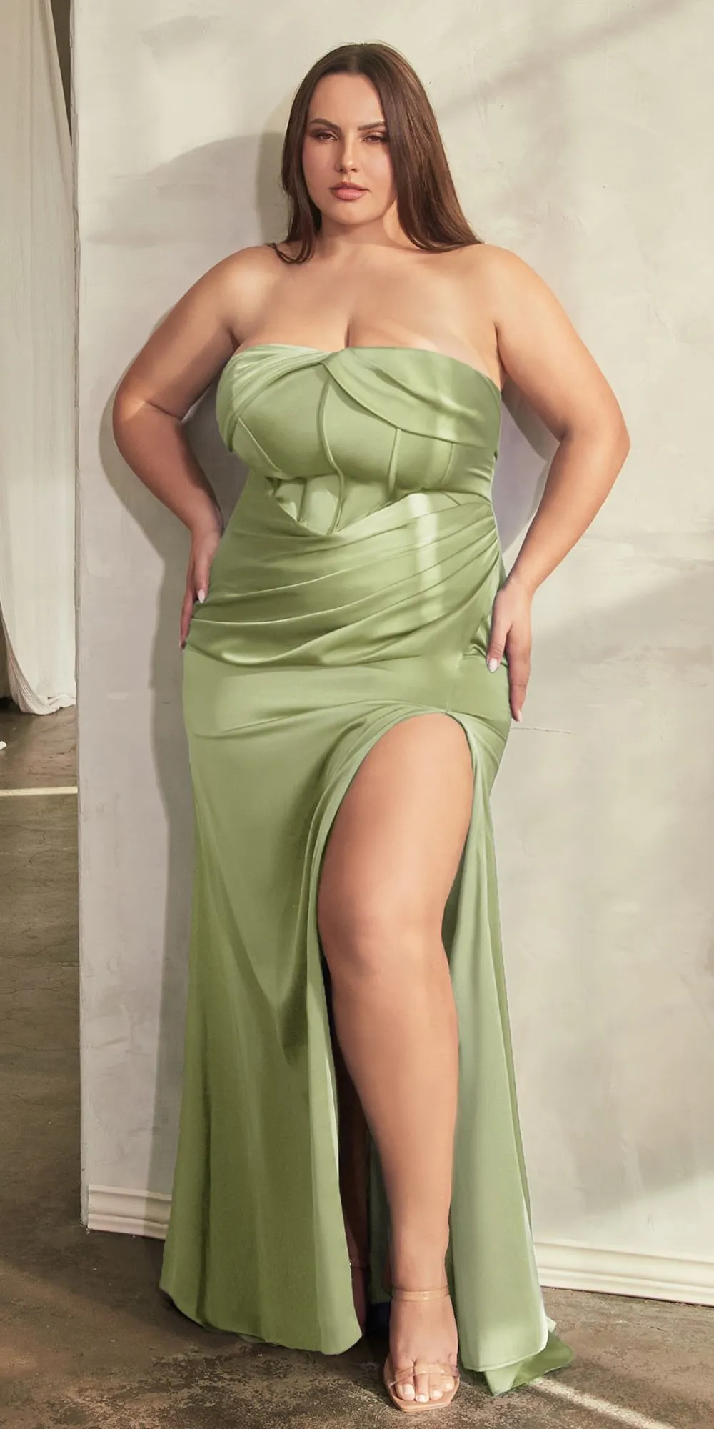 Ladivine CD326 Long Strapless Soft Satin Dress Boned Bodice