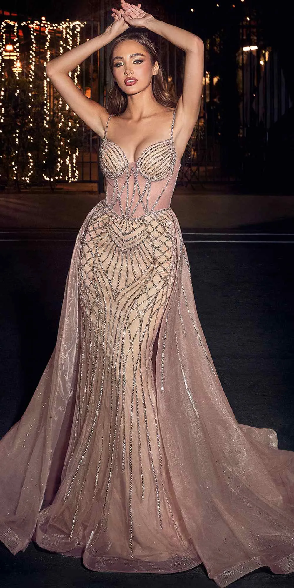 Ladivine CD863 Floor Length Fitted Beaded Tulle Fabric Red Carpet Gown