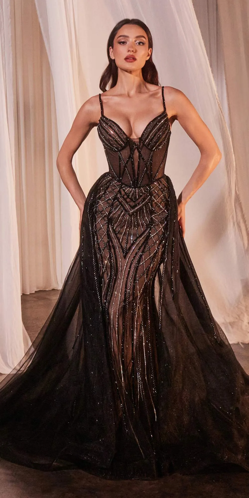 Ladivine CD863 Floor Length Fitted Beaded Tulle Fabric Red Carpet Gown