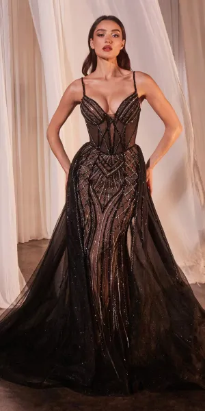 Ladivine CD863 Floor Length Fitted Beaded Tulle Fabric Red Carpet Gown