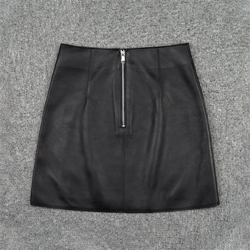 Lady Leather Sheepskin Skirt Solid Simple Front Rear Asymmetric Design Hip Wrap Short Dress 2022 Autumn Winter New TF4795