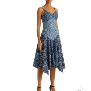 Lauren Ralph Lauren Handkerchief Midi Dress Linen Patchwork Resort Vacat…