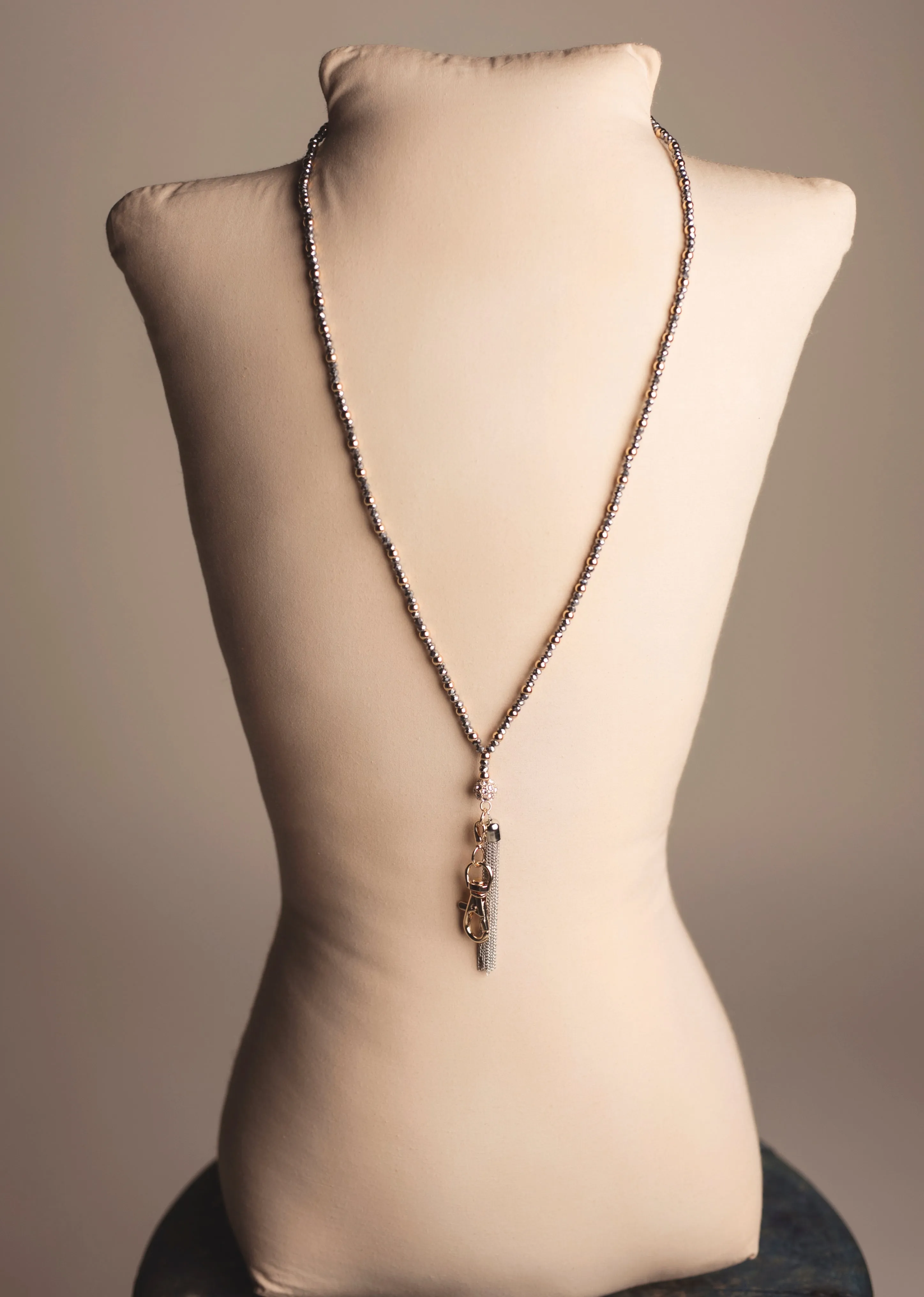 Leah Beaded Chain Tassel Lanyard Necklace (Gold)