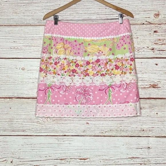 Lilly Pulitzer Vintage White Label Multi Print Stripe Skirt Sz 8