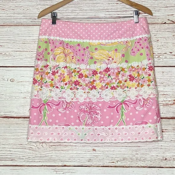 Lilly Pulitzer Vintage White Label Multi Print Stripe Skirt Sz 8