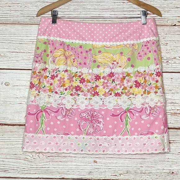 Lilly Pulitzer Vintage White Label Multi Print Stripe Skirt Sz 8