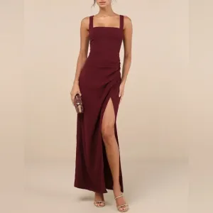 LULUS Glamorous Disposition Burgundy Ruched Sleeveless Maxi Dress Size XS