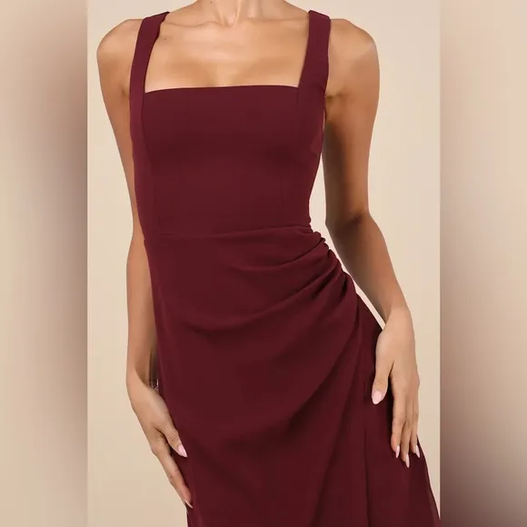 LULUS Glamorous Disposition Burgundy Ruched Sleeveless Maxi Dress Size XS