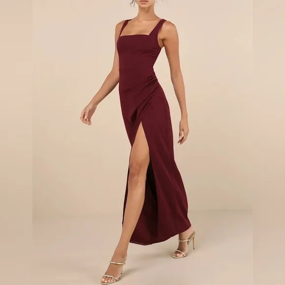 LULUS Glamorous Disposition Burgundy Ruched Sleeveless Maxi Dress Size XS