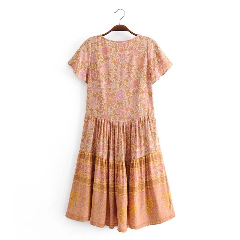 MARGUERITE Floral Print Deep V-neck  Bohemian Mini Dress