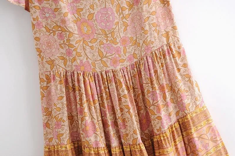 MARGUERITE Floral Print Deep V-neck  Bohemian Mini Dress