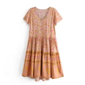 MARGUERITE Floral Print Deep V-neck  Bohemian Mini Dress
