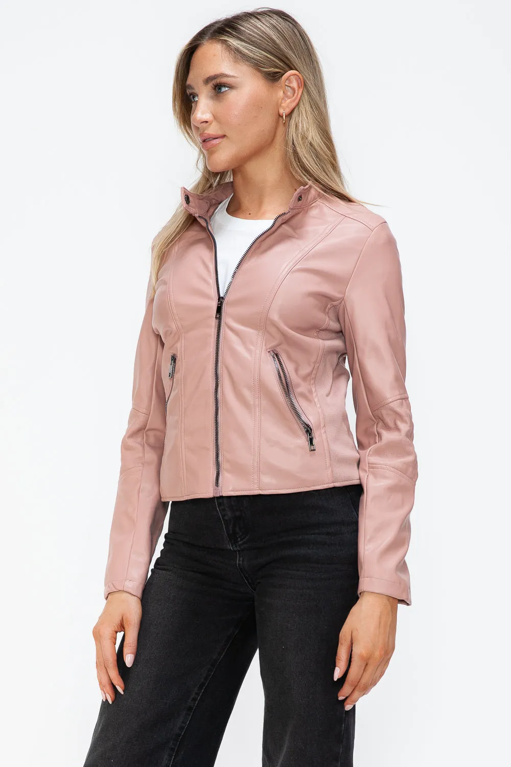 Mauve Faux Leather Zip Up Drawstring Hooded Jacket