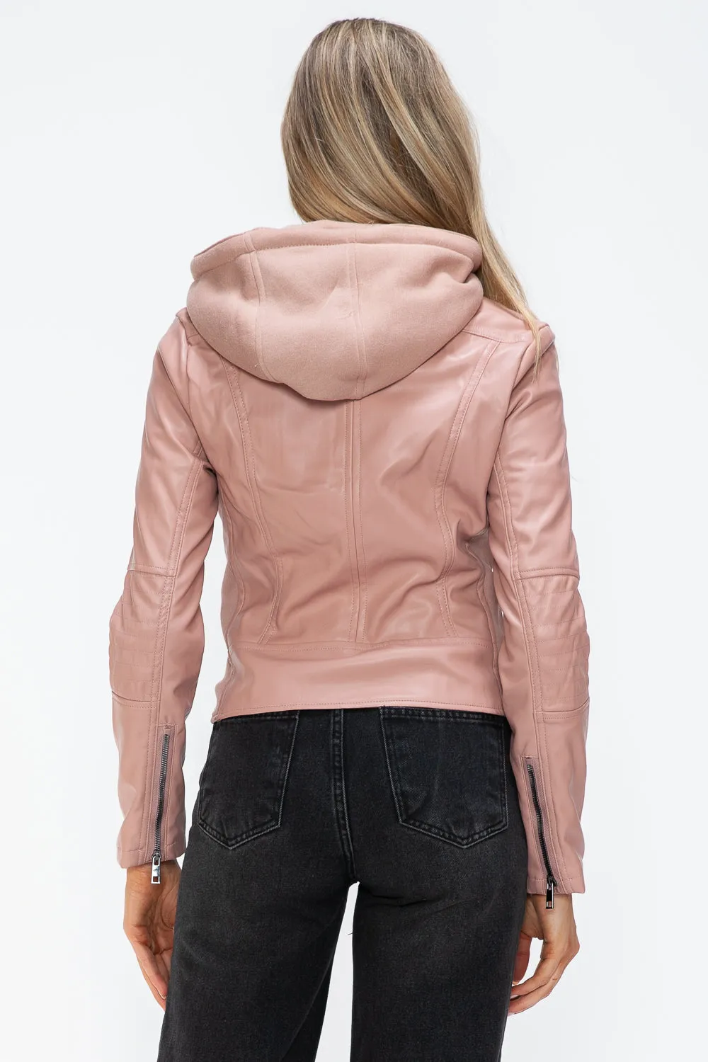 Mauve Faux Leather Zip Up Drawstring Hooded Jacket