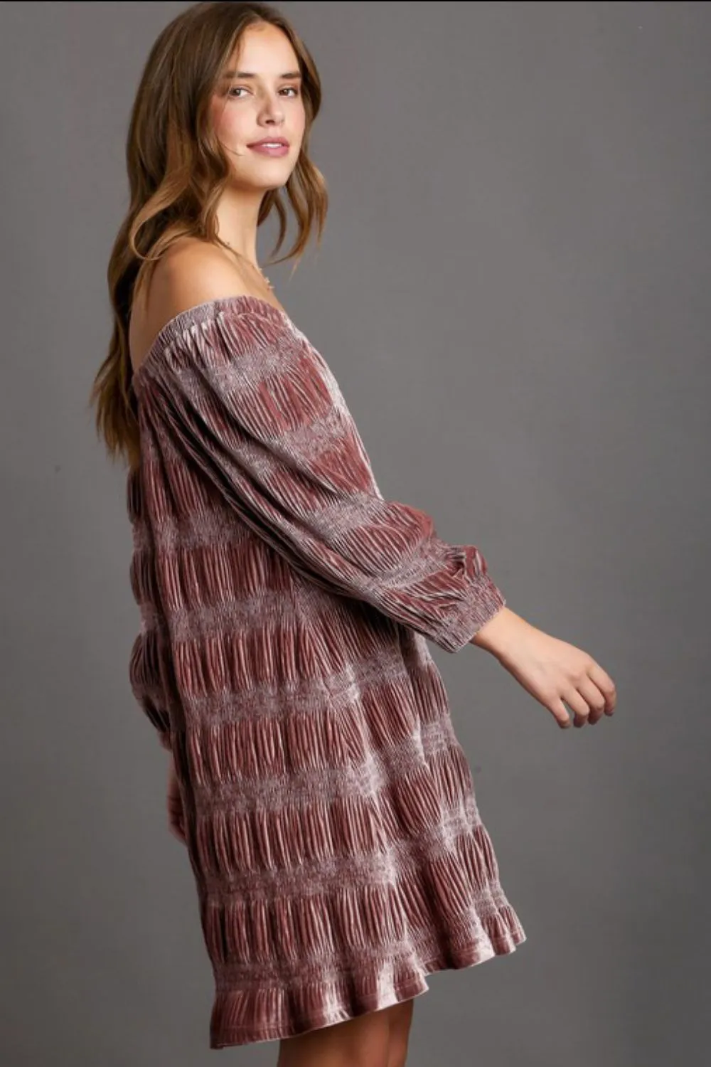 Mauve Off-Shoulder Velvet Mini Dress