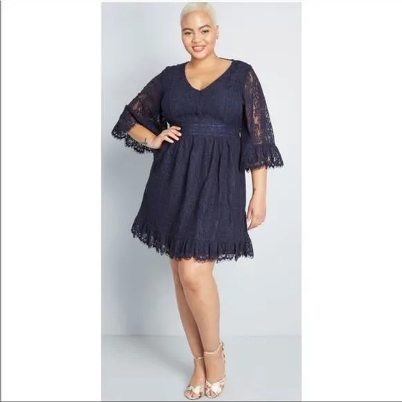 Modcloth Navy Lace dress Through The Bluebells Bell-Sleeve boho wedding