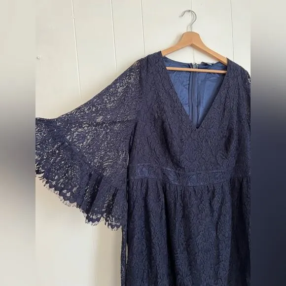 Modcloth Navy Lace dress Through The Bluebells Bell-Sleeve boho wedding