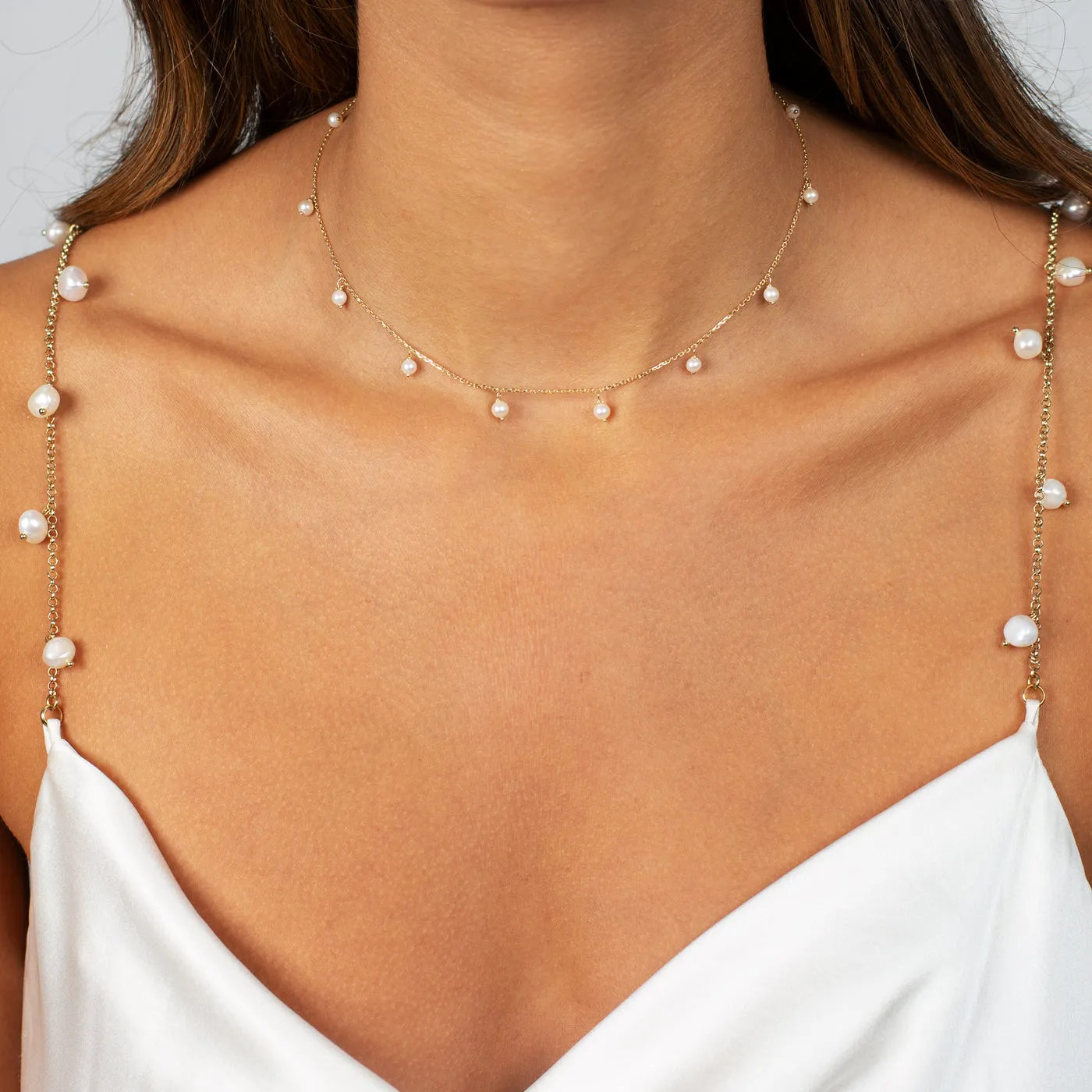 Multi Dangling Pearl Necklace 14K