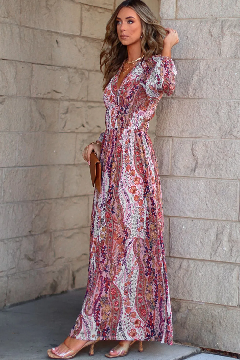 Multicolour Boho Paisley Print V Neck Empire Waist Maxi Dress