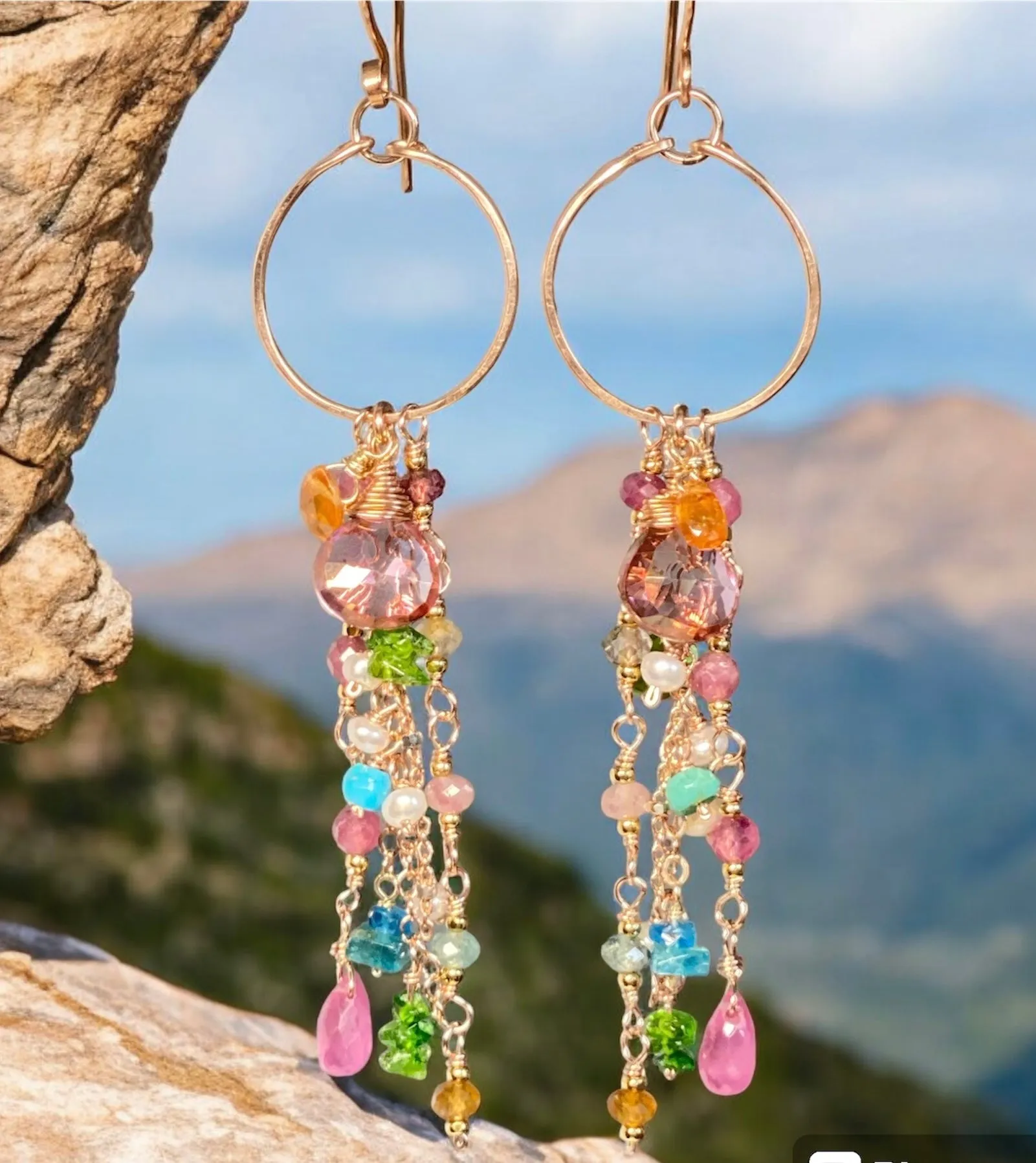 Mystic Pink Topaz Multicolor Gemstone Long Boho Dangle Earrings Rose Gold