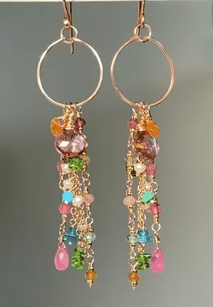 Mystic Pink Topaz Multicolor Gemstone Long Boho Dangle Earrings Rose Gold