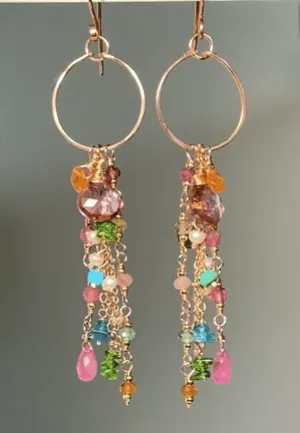 Mystic Pink Topaz Multicolor Gemstone Long Boho Dangle Earrings Rose Gold