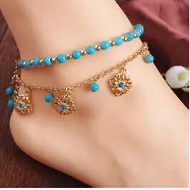 New Boho Ethnic Summer Multilayer Metal Chains Natural Green Stone Bead Anklet Foot Flower Vintage Jewelry Bracelet Accessories