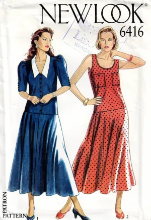 New Look 6416 Womens Drop Waisted Puff Sleeved Dress or Sundress 1980s Vintage Sewing Pattern Size 8 - 18 UNCUT Factory Folded