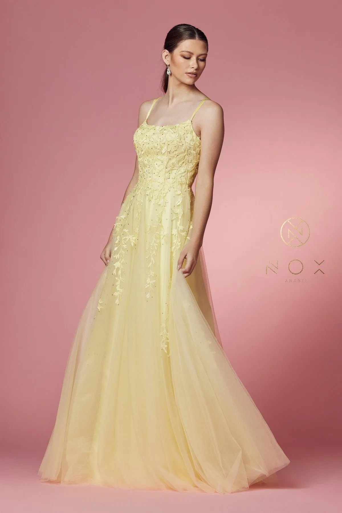 Nox Anabel C415 Lace-Up Back Floral Design Appliqued Long Dress