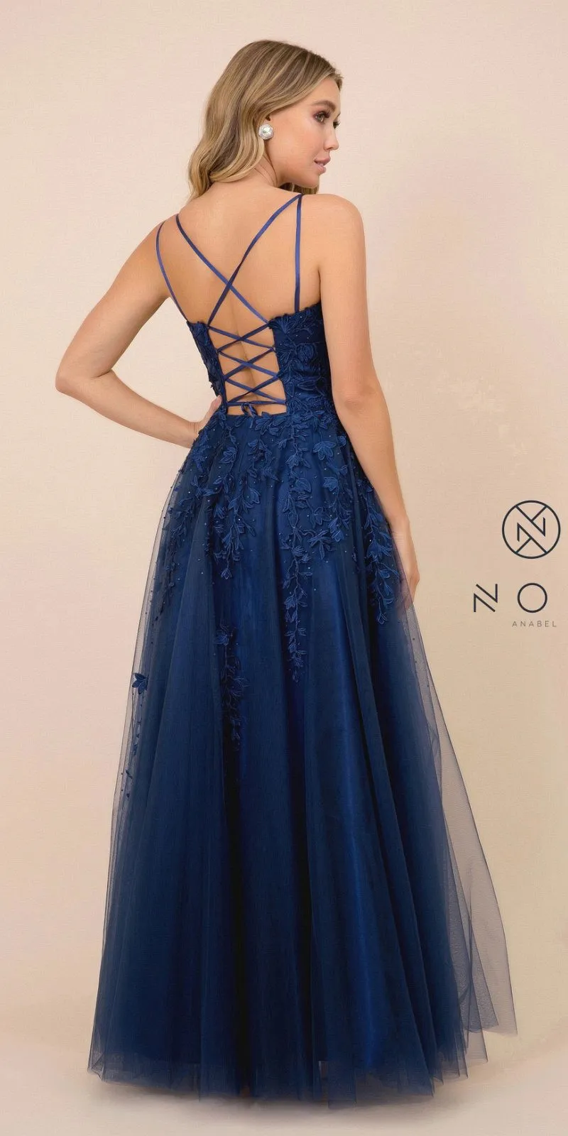 Nox Anabel C415 Lace-Up Back Floral Design Appliqued Long Dress