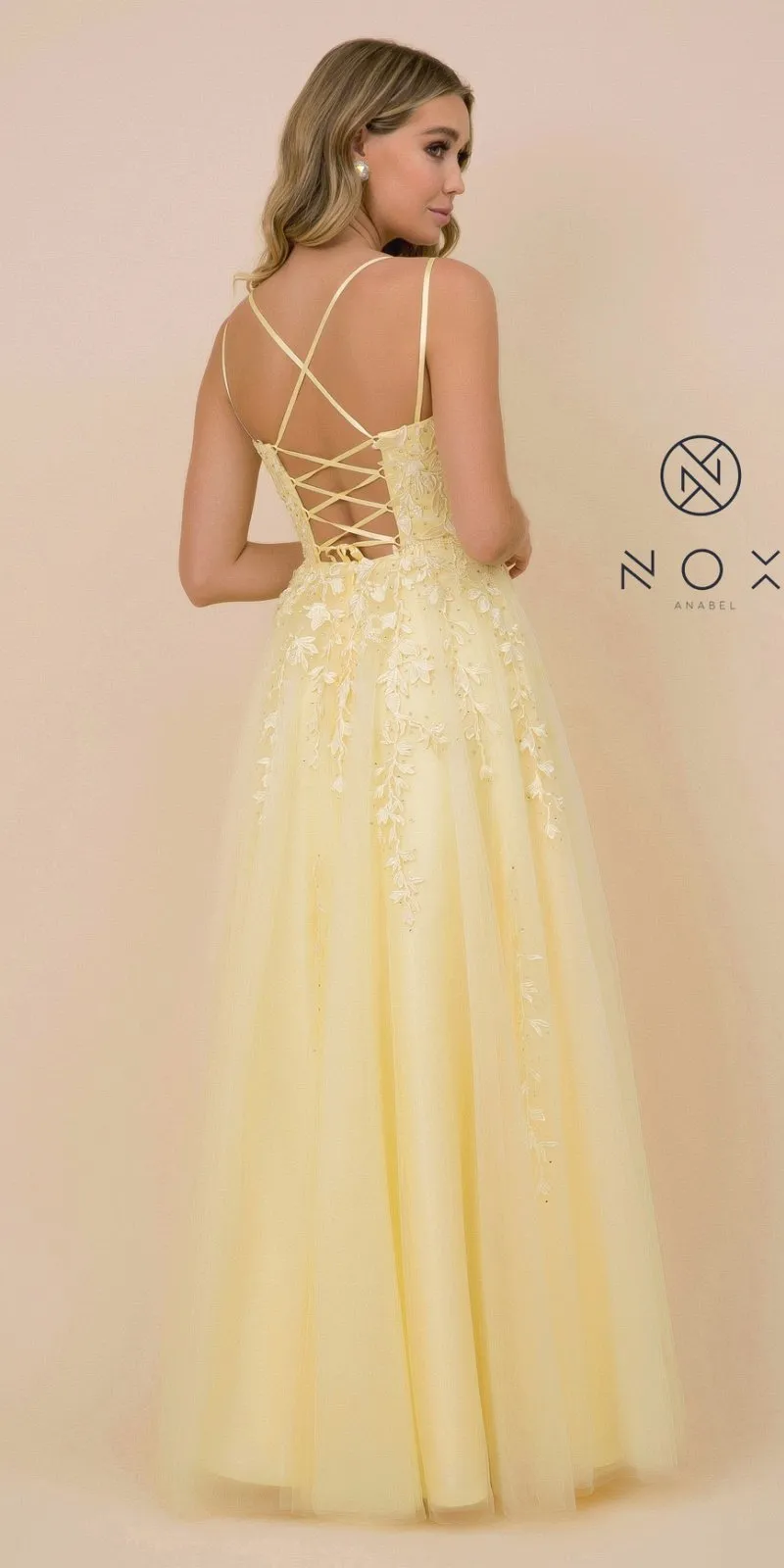 Nox Anabel C415 Lace-Up Back Floral Design Appliqued Long Dress
