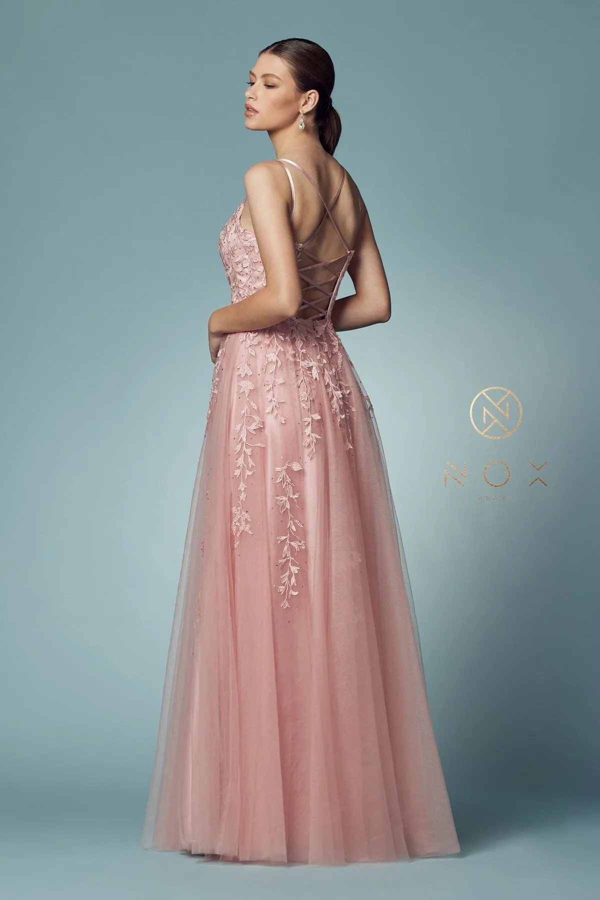 Nox Anabel C415 Lace-Up Back Floral Design Appliqued Long Dress