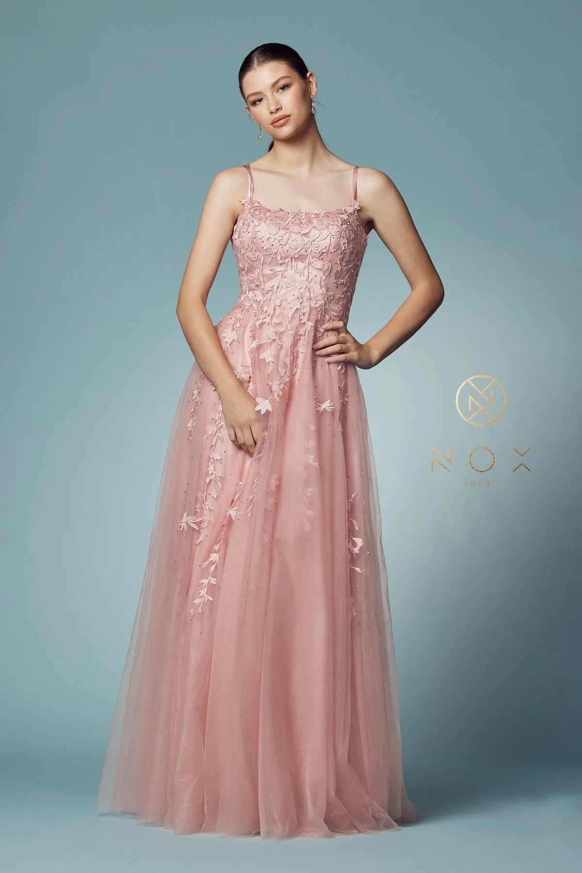 Nox Anabel C415 Lace-Up Back Floral Design Appliqued Long Dress