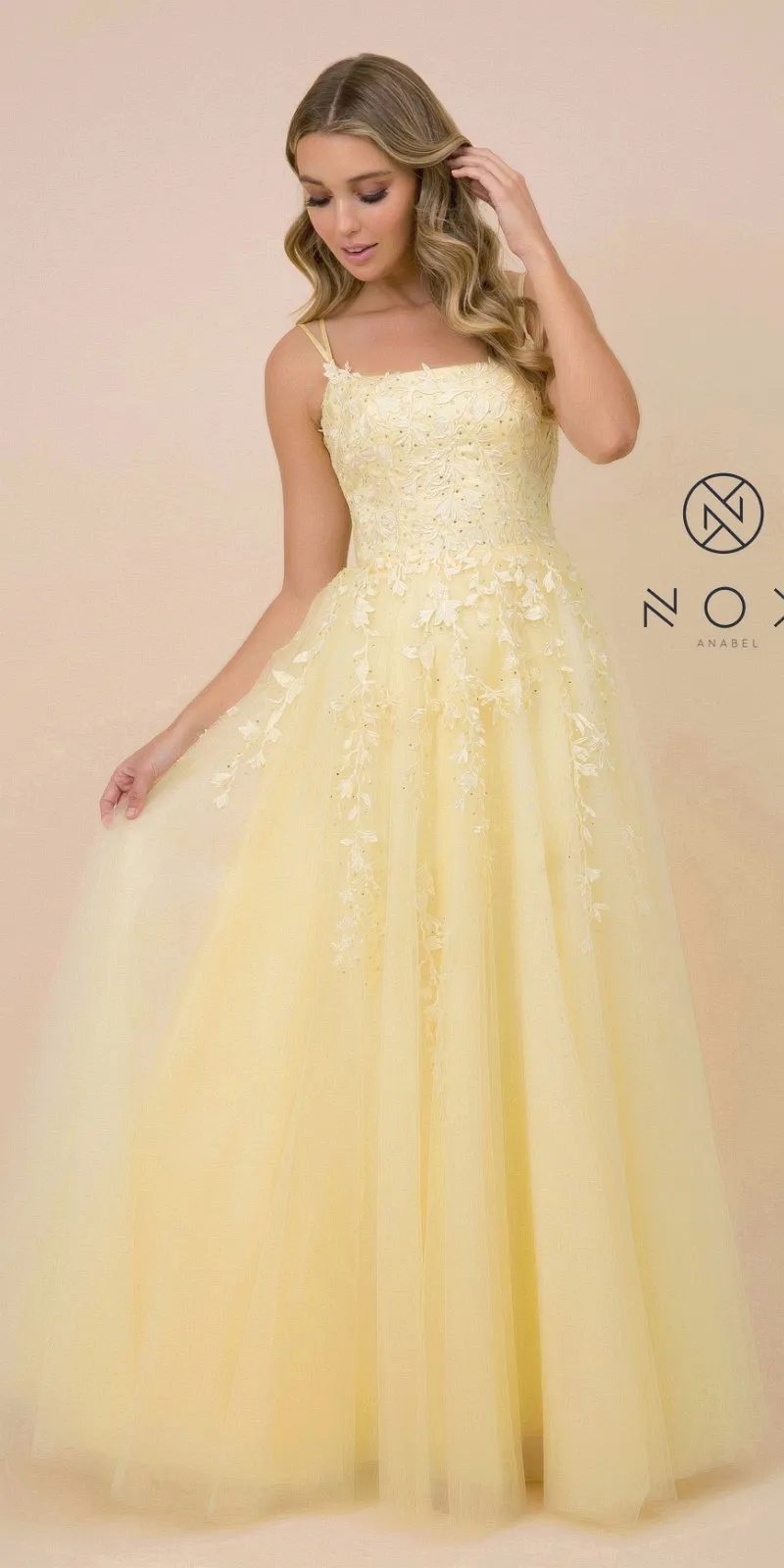 Nox Anabel C415 Lace-Up Back Floral Design Appliqued Long Dress