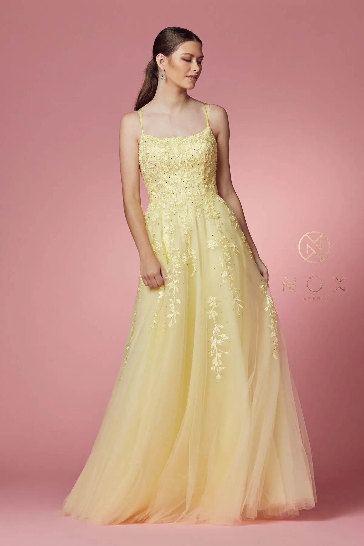 Nox Anabel C415 Lace-Up Back Floral Design Appliqued Long Dress