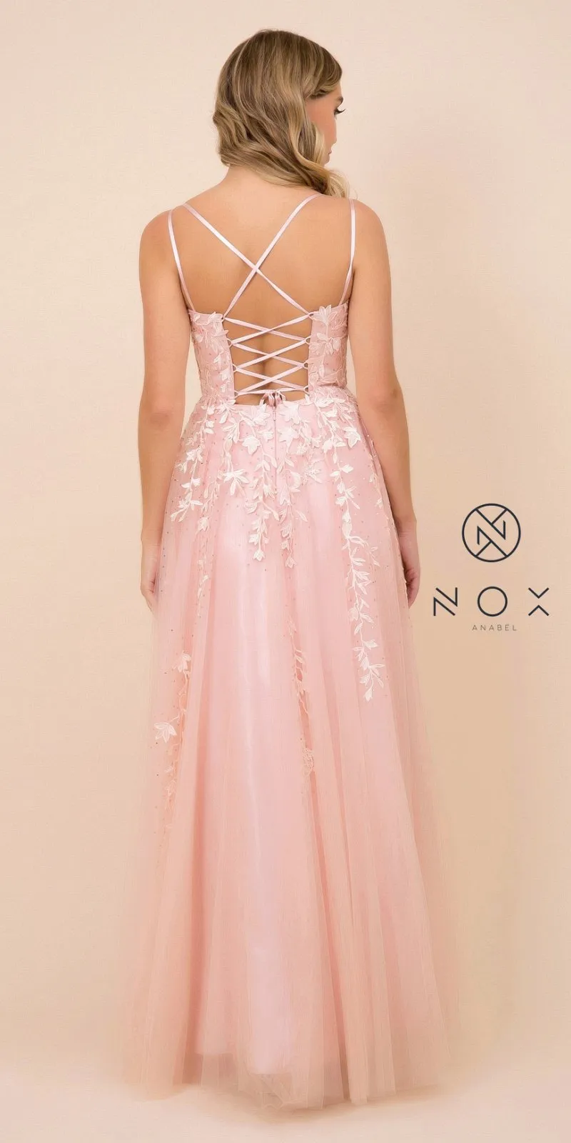 Nox Anabel C415 Lace-Up Back Floral Design Appliqued Long Dress