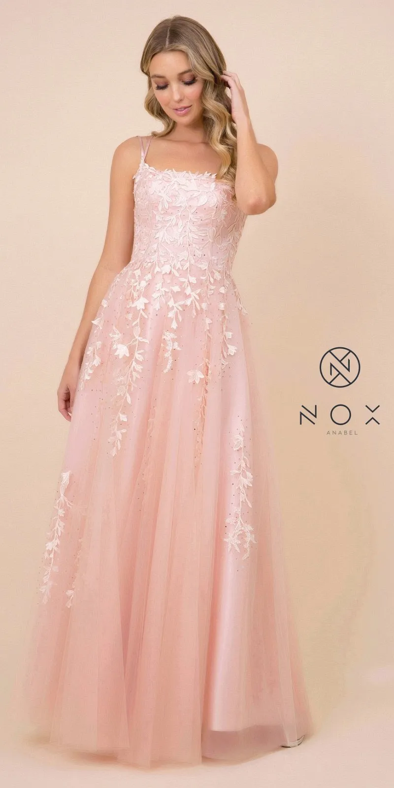 Nox Anabel C415 Lace-Up Back Floral Design Appliqued Long Dress