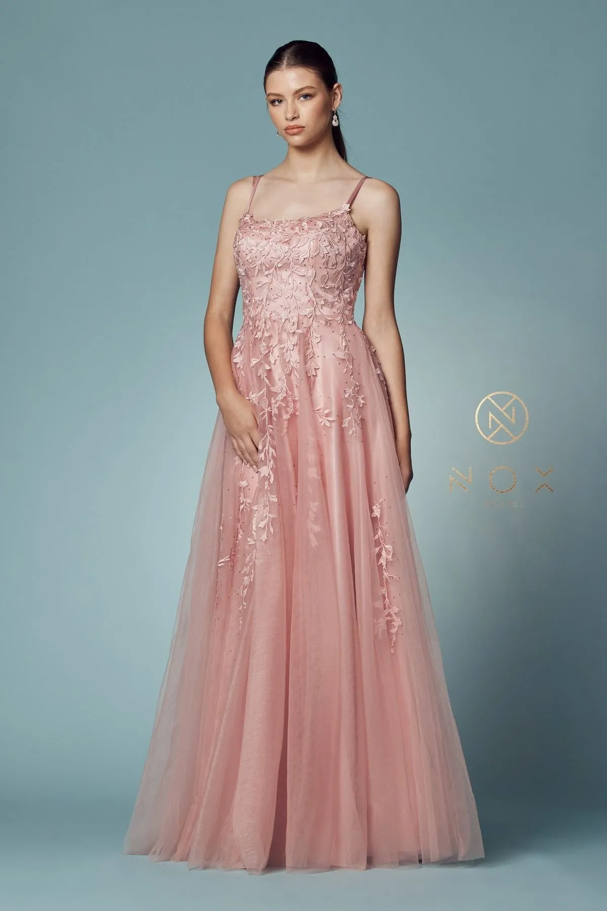 Nox Anabel C415 Lace-Up Back Floral Design Appliqued Long Dress