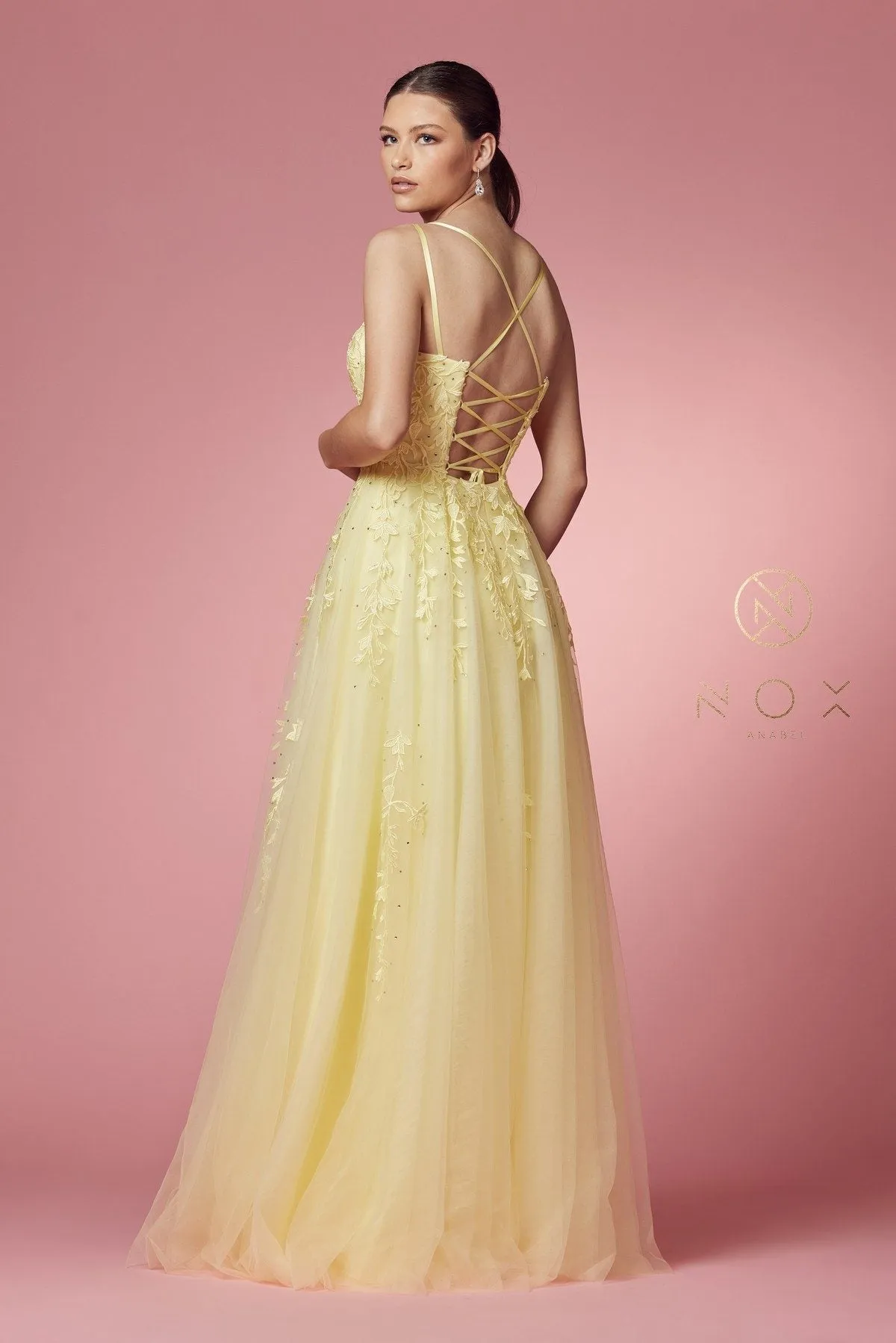 Nox Anabel C415 Lace-Up Back Floral Design Appliqued Long Dress
