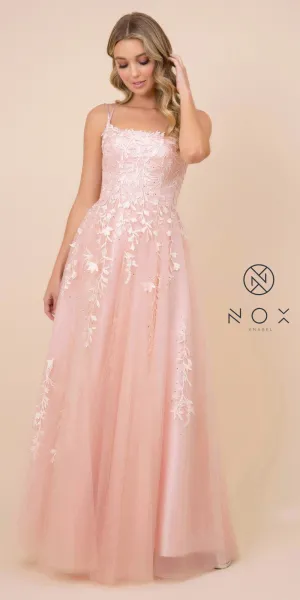 Nox Anabel C415 Lace-Up Back Floral Design Appliqued Long Dress