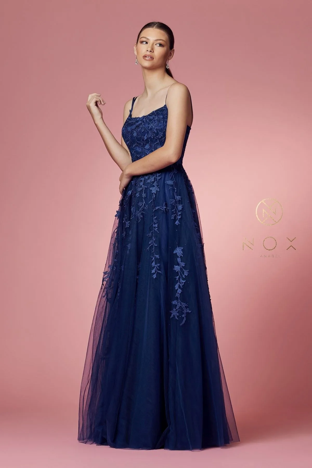 Nox Anabel C415 Lace-Up Back Floral Design Appliqued Long Dress