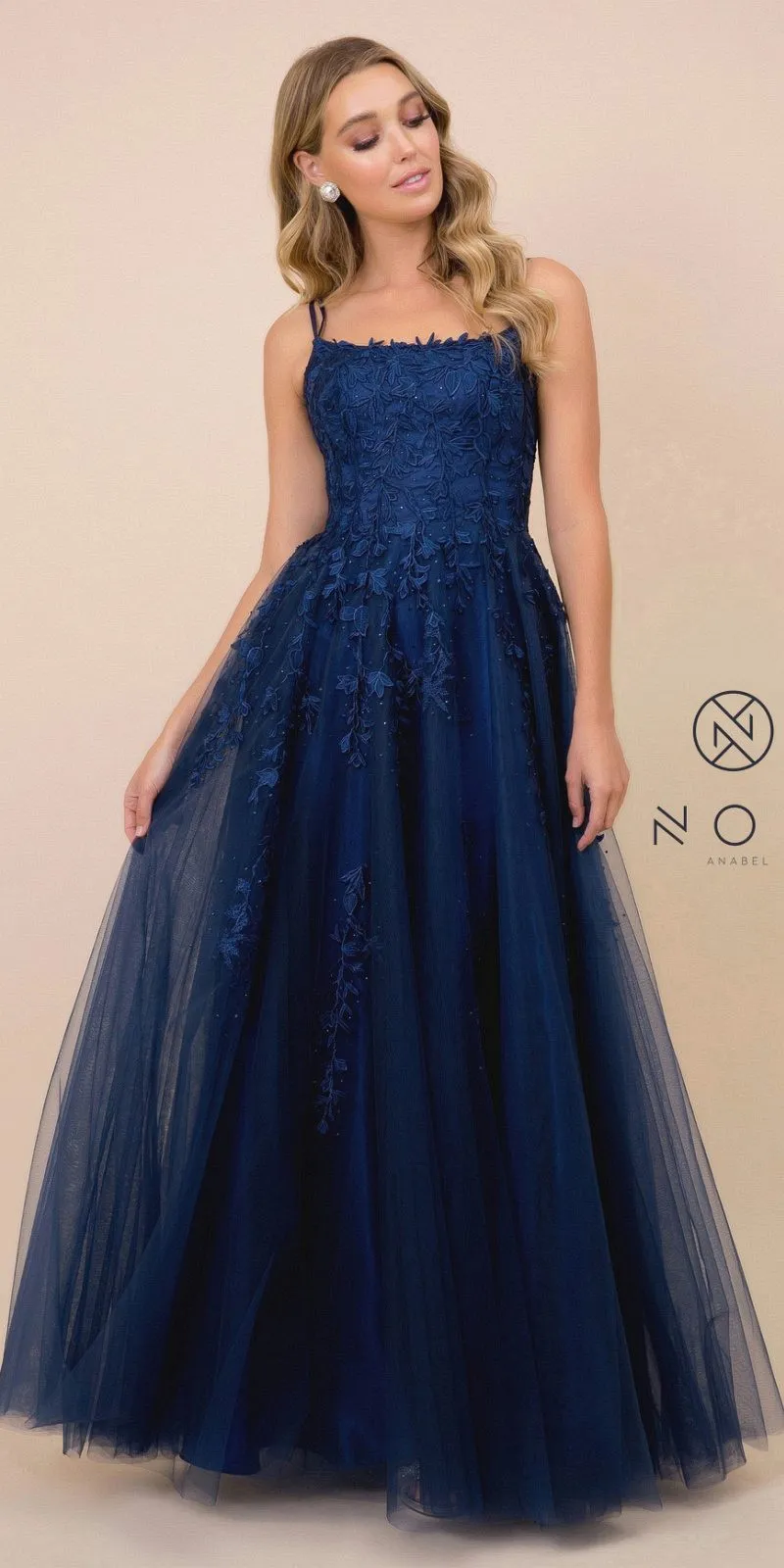 Nox Anabel C415 Lace-Up Back Floral Design Appliqued Long Dress