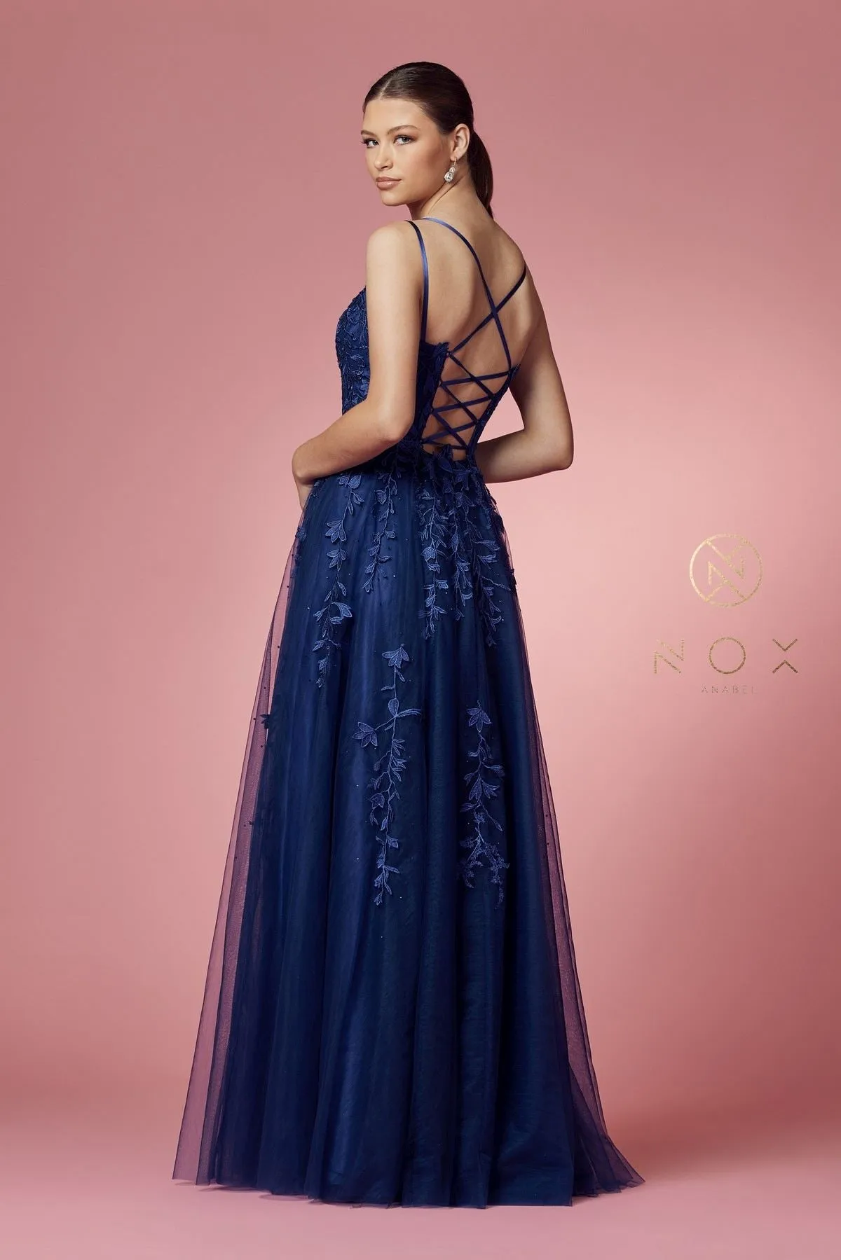 Nox Anabel C415 Lace-Up Back Floral Design Appliqued Long Dress