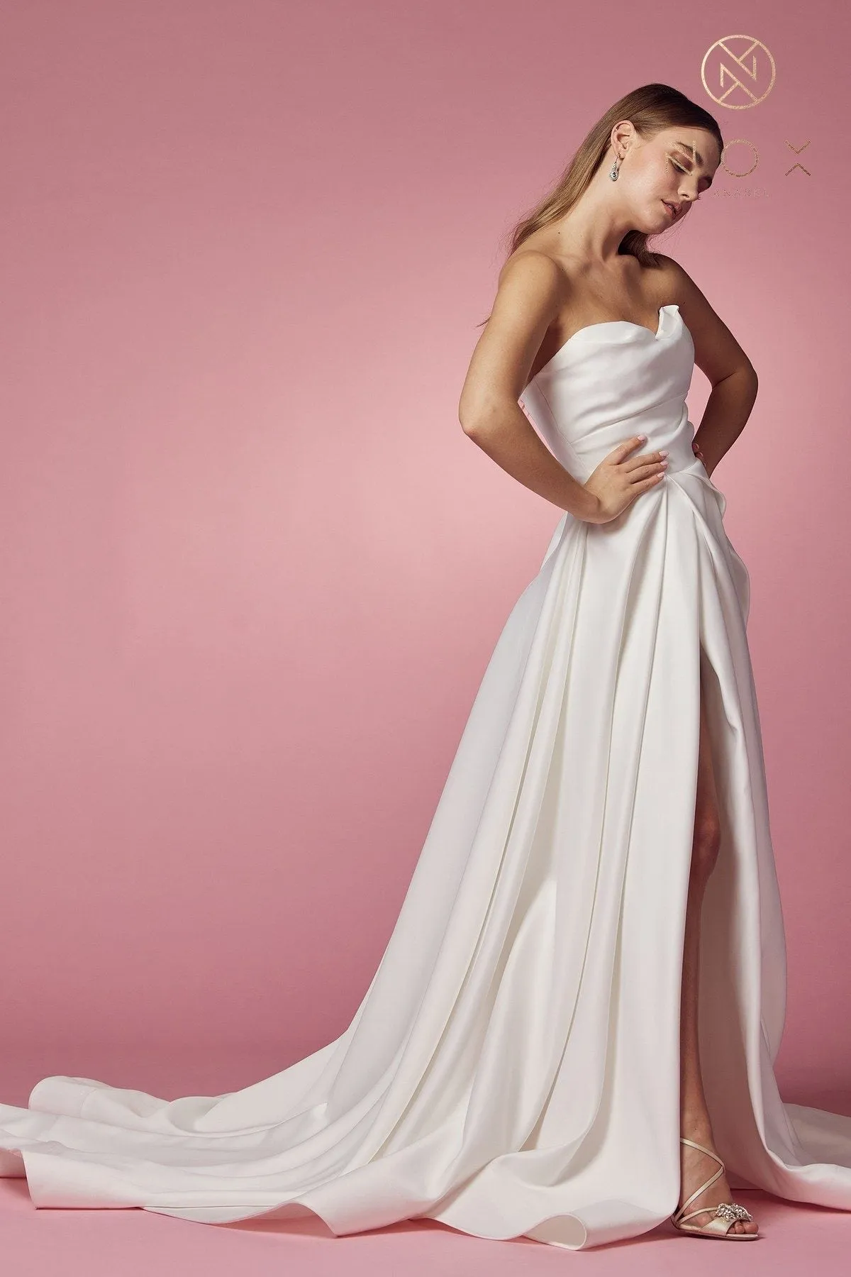 Nox Anabel JW938 Floor Length A-Line Sweep Train Gown High Slit Strapless