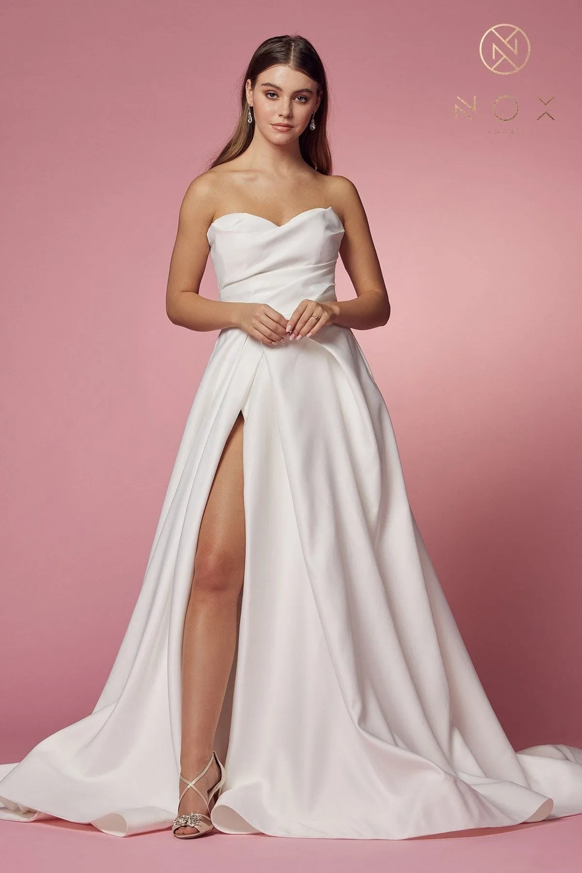 Nox Anabel JW938 Floor Length A-Line Sweep Train Gown High Slit Strapless