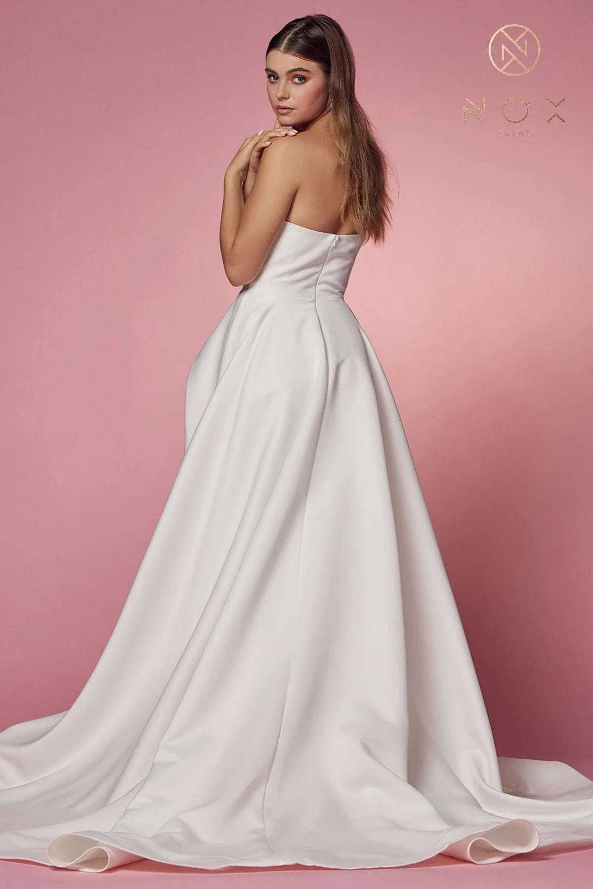 Nox Anabel JW938 Floor Length A-Line Sweep Train Gown High Slit Strapless