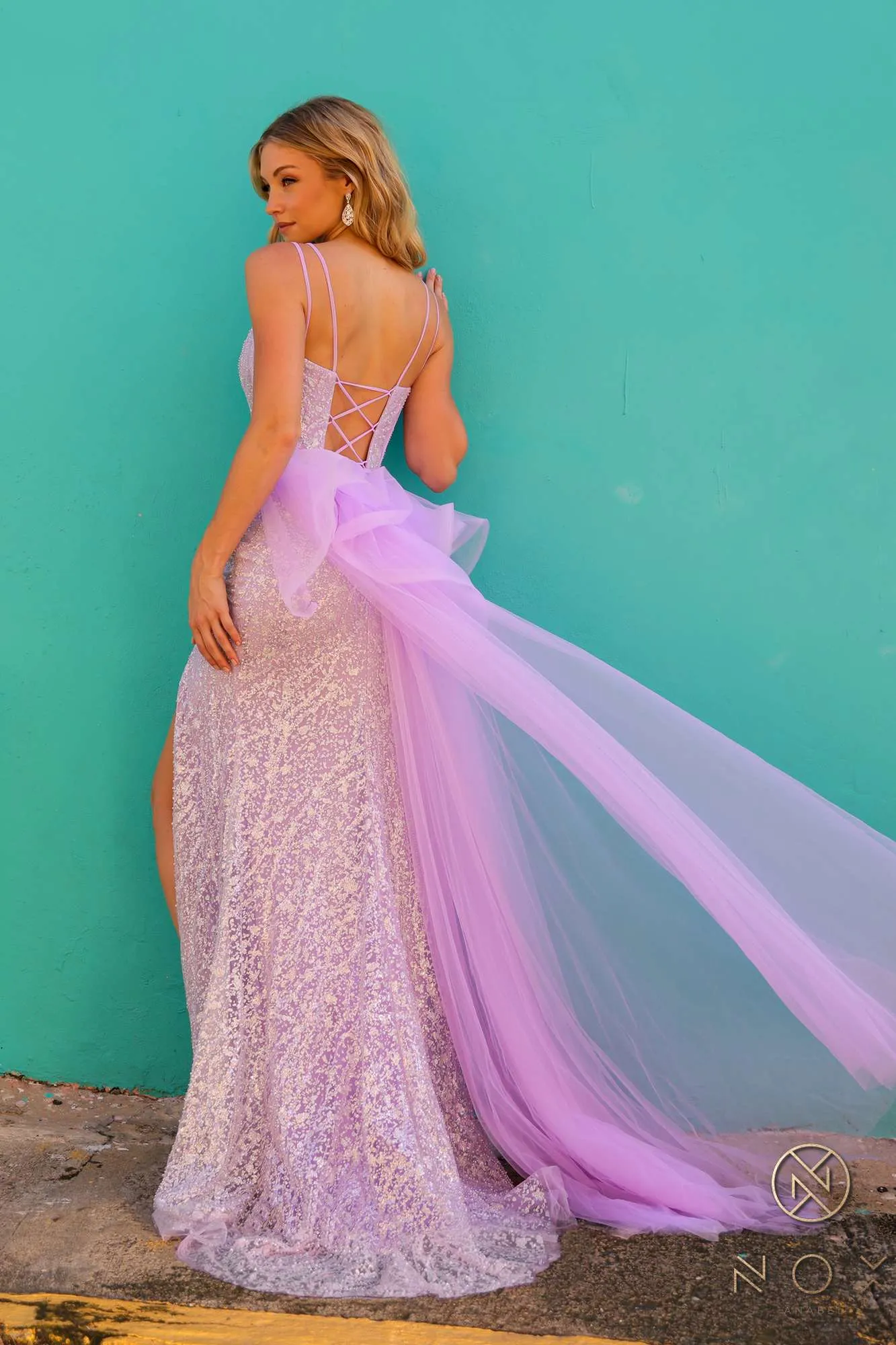 Nox Anabel Y1475 Long Sweetheart Ruffled Overskirt Fitted Evening Gown
