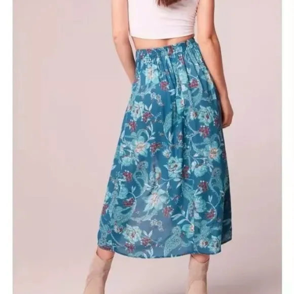 NWT Band of The Free CELENE TEAL FLORAL LAYERED MIDI SKIRT L