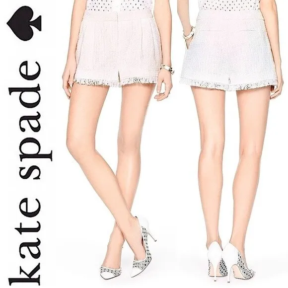 NWT Kate Spade White Tweed Fringe Pleated High Waisted Preppy Dress Shorts 2